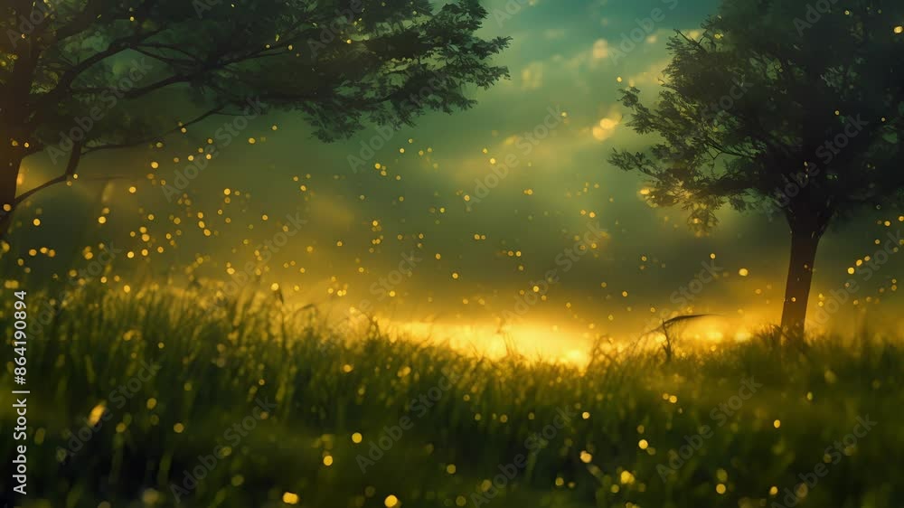 Poster a field of tall grass sprinkled with tiny glowing orbs as if the stars have descended onto the earth