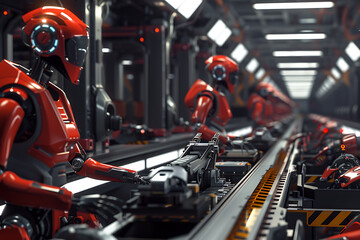 Fototapeta premium A high-tech factory with robots on an assembly line, manufacturing car body parts efficiently.