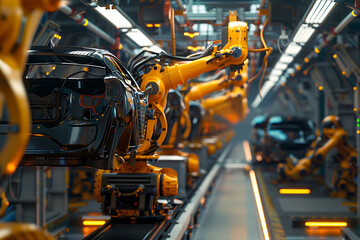 Fototapeta premium A high-tech factory with robots on an assembly line, manufacturing car body parts efficiently.