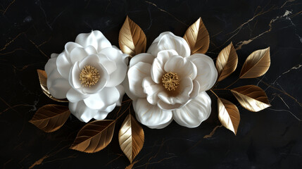 3D render of flowers and golden leaves on a dark background