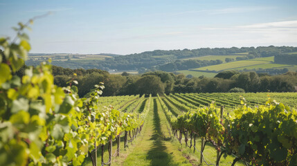 Vineyard in Sussex with rows of grapevines under the sun