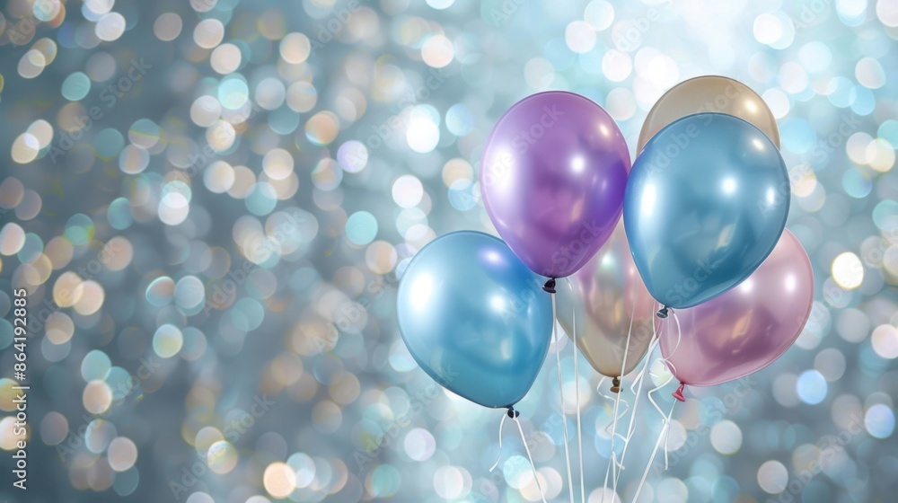 Poster a bunch of colorful balloons floating against a sparkling, bokeh-filled background, creating a festi