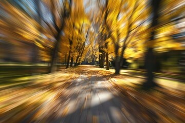 Autumn park with intentional motion blur creating a natural bokeh background