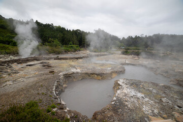 A large area of land is covered in steam and mud