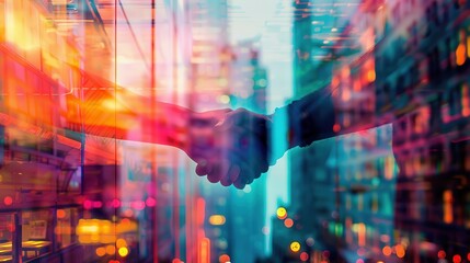 Obraz premium Agreement handshake, skyscraper, close up, focus on, copy space, vibrant colors, Double exposure silhouette with cityscape