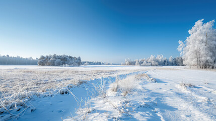 Snowcovered meadow under clear winter sky