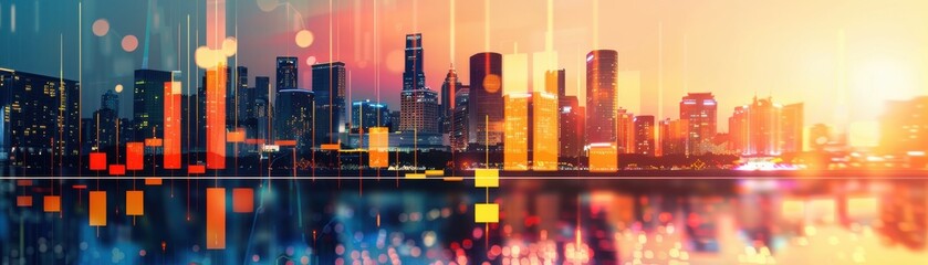 Stock chart, city skyline, close up, focus on, copy space, vibrant colors, Double exposure silhouette with urban landscape