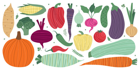 Vegetables big set. Stylized, abstract vegetables and greens. Isolated vector autumn illustration for your design