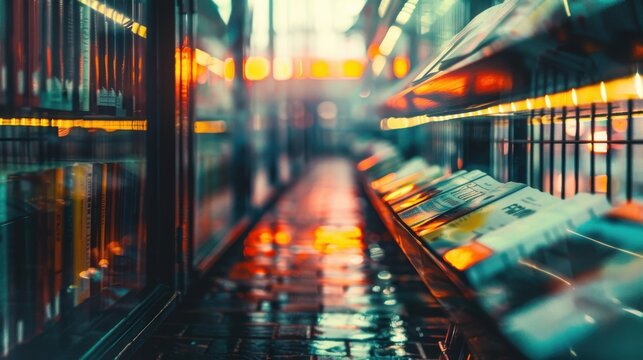 Deserted shelves, financial newspaper, close up, focus on, copy space, vibrant colors, Double exposure silhouette with business newsprint