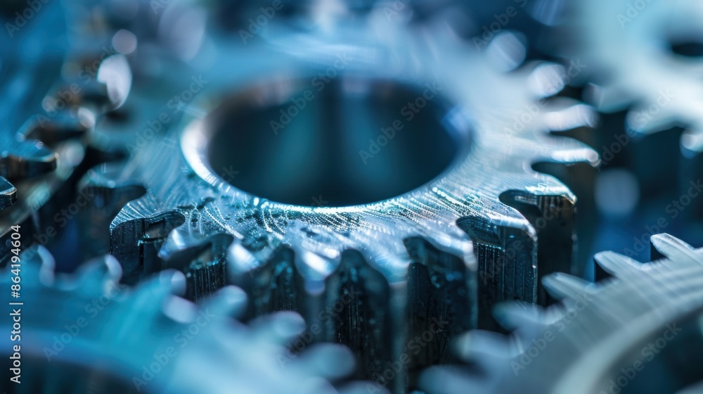 Poster a close-up of interlocking metal gears, highlighting their intricate design and engineering precisio