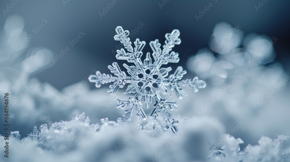 Poster a highly detailed snowflake resting on snow, showcasing the intricate patterns and beauty of winter 