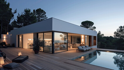 Stunning Modern House with Wooden Terrace and Pool at Dusk in Spain