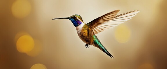 Fototapeta premium Gold Paint Brush Stroke A delicate hummingbird in mid-flight win