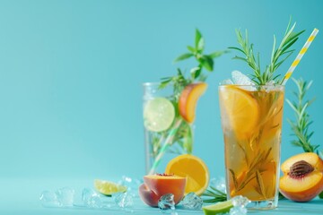 Fototapeta premium Peach cocktail and rosemary-lime iced tea on blue background with space for text, refreshing summer drinks with fizzy twist for copy and social media