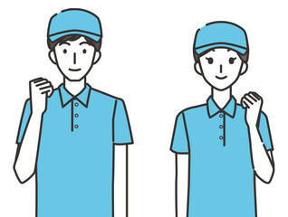 ガッツポーズの宅配ドライバーの男性と女性