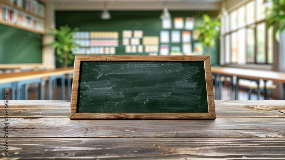 Poster an empty chalkboard on a wooden table in a bright, modern classroom, ready for lessons and learning.