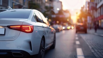 A white car driving on a city street during sunset, highlighting urban life and evening traffic.