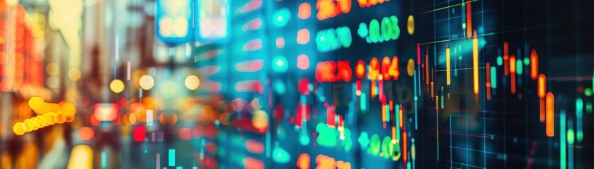 Stock chart, Wall Street sign, close up, focus on, copy space, vibrant colors, Double exposure silhouette with financial district