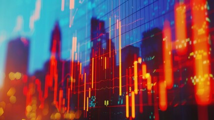 Stock chart, city skyline, close up, focus on, copy space, vibrant colors, Double exposure silhouette with urban landscape