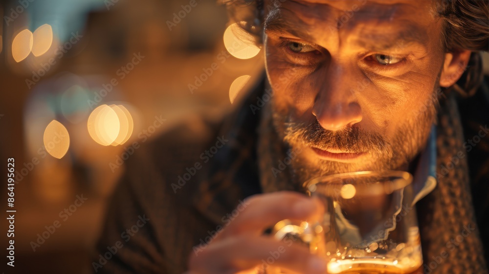 Aufkleber a man with a pensive expression enjoys a beer in a dimly lit bar, creating a warm and reflective atm