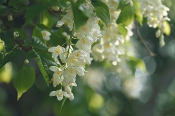 Delicate white flowers hang from mulberry tree branches in urban park