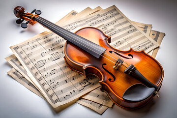 Fototapeta premium Violin with some old sheet music, close-up of a still life. 