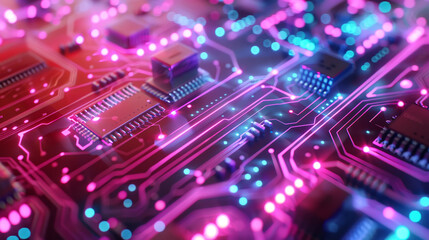 Obraz premium Futuristic digital concept showcasing innovation and connectivity with a blue and purple technology circuit board background featuring glowing electronic components.