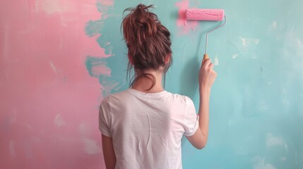 A woman paints a wall with pink and blue colors, seen from the back, emphasizing creativity and home improvement.
