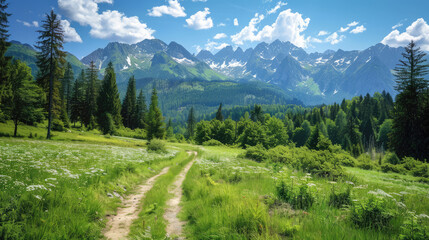 A scenic trail through green valleys with Tatra mountains in background © Aidas