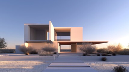 Modern House with Desert Landscape at Sunset