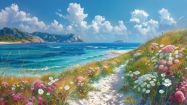 A scenic landscape with colorful flowers blooming under a clear blue sky, overlooking a calm ocean with a rocky coastline