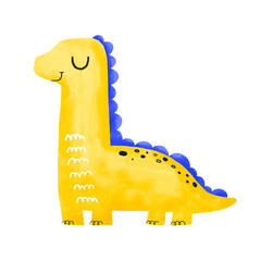 Yellow happy watercolor dinosaur. Cartoon hand drawn dino monster. Funny t rex illustration on isolated background. Ideal for design and print, stickers and nursery