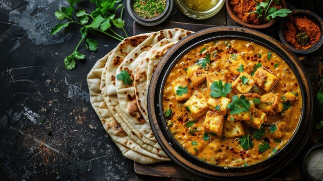 Kerala style homemade wheat flatbread with layers served with Paneer curry seen from above