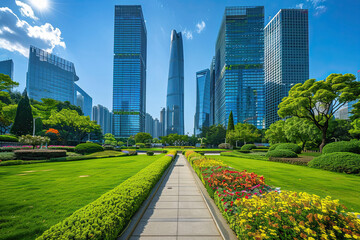 Cityscape: Modern Chinese Architecture with Greenery and Blue Skies