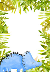 Greeting card with tropical palm leaves, monstera leaves. Vertical frame with blue  dinosaur Triceratops. Dino baby shower Invitation. Cartoon illustration template © Ilona