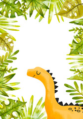 Greeting card with tropical palm leaves, monstera leaves. Vertical frame with dinosaur. Dino baby shower Invitation. Cartoon illustration template © Ilona