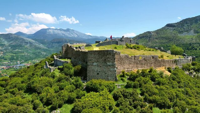 Aerial, drone view of the Lezhe Castle in Lezhe, Albania