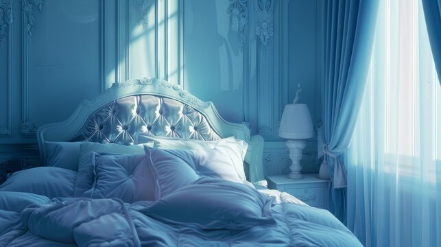 luxury posh bed room interior in blue color with antique expensive furniture and elements in baroque style.
