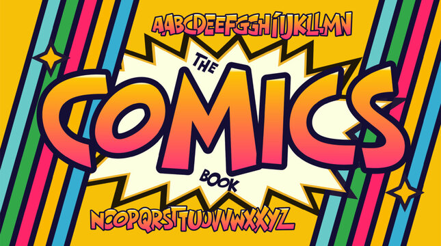 Retro comic book alphabet font, pop art style typeface, fun bold vibrant playful letters for playful kids branding, cartoon-style design, colorful typography. Vector typeset.