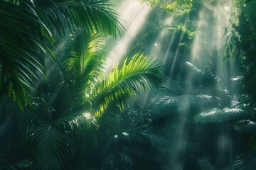 Naklejka premium A majestic tropical forest: sunlight peeking through the canopy