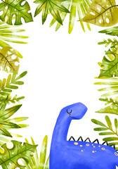 Greeting card with tropical palm leaves, monstera leaves. Vertical frame with blue dinosaur apatosaurus. Dino baby shower Invitation. Cartoon illustration template © Ilona