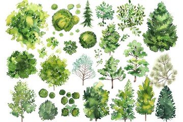 In this watercolor illustration, various green trees, bushes, and shrubs are depicted from a top view, perfect for landscape design plans. The image is isolated on a white background