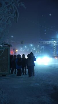 People stand at a bus stop in the evening city in winter