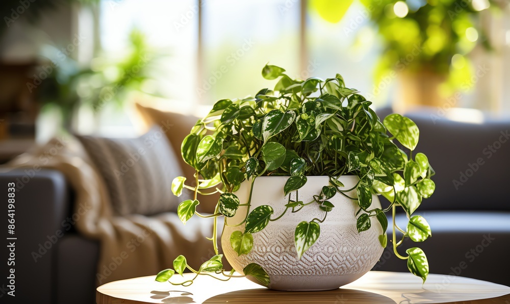 Wall mural Green Plant in a White Pot on a Wooden Table