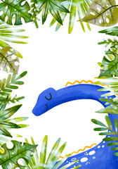 Greeting card with tropical palm leaves, monstera leaves. Vertical frame with blue long neck dinosaur brontosaurus. Dino baby shower Invitation. Cartoon illustration template © Ilona