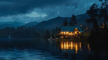 Obraz premium Night lights of a lake house in the mountains. Night lights of a lake house in the mountains. Mountain lake house lights.