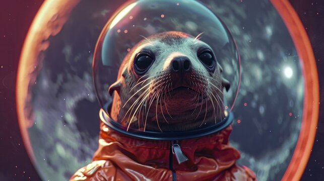 A seal wearing a space suit and helmet in outer space on Cosmonautics Day against the background of the moon, poster
