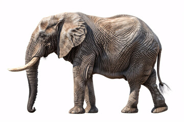 Obraz premium Side view of an elephant on a white background showcasing its textured skin and tusks