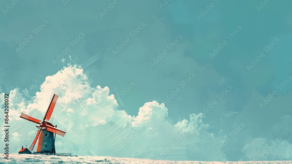 Aufkleber windmill with minimalist design, set against a simple blue sky background. clean lines and soft colo