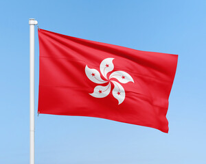 Hong Kong flag on stick on sky background. Realistic flag of Hong Kong